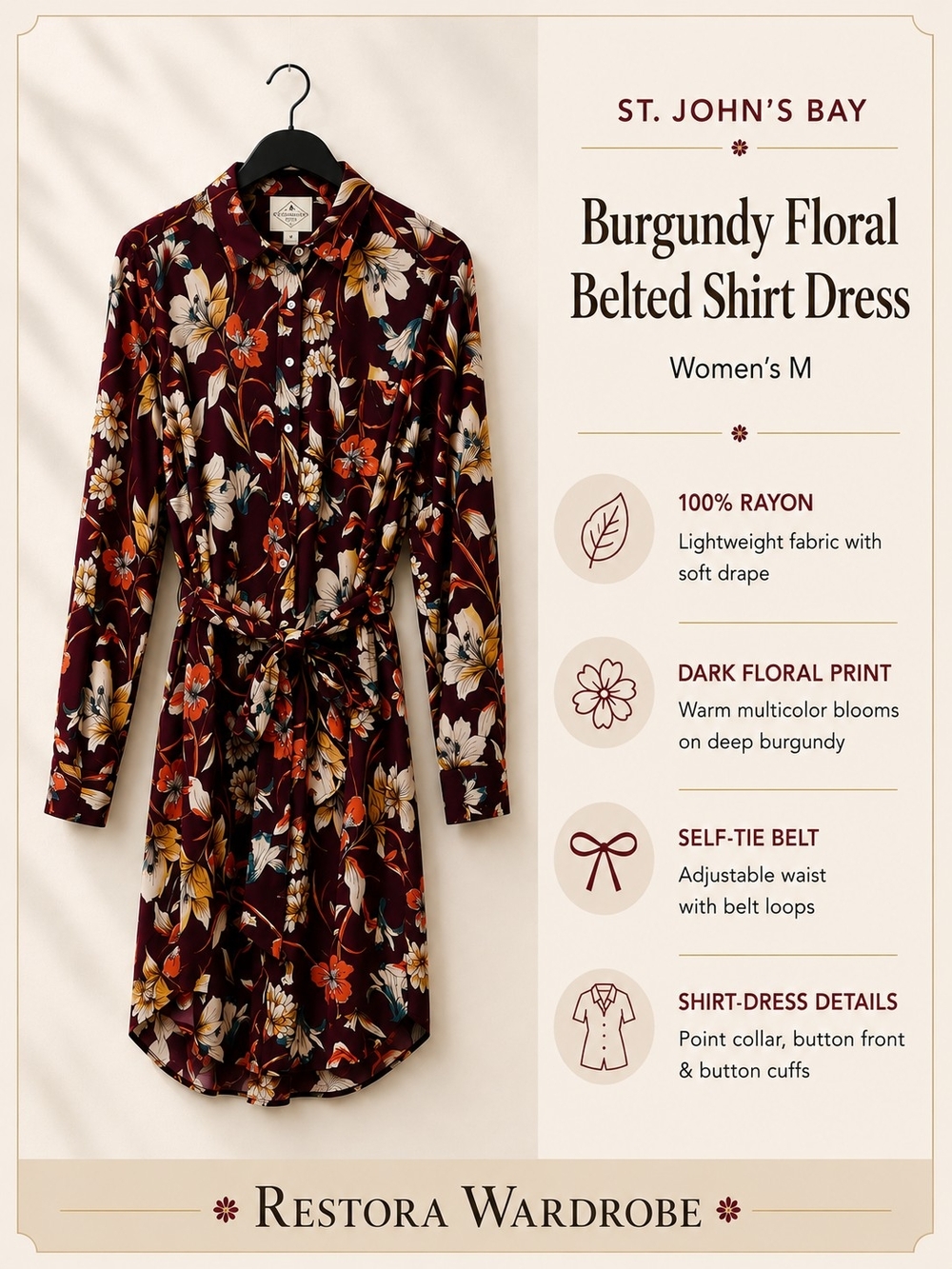 St. John's Bay Burgundy Floral Belted Shirt Dress M Long Sleeve Boho